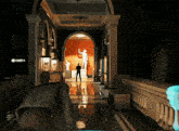 a video game is being played in a hallway with a statue in the background