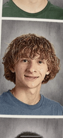 a young man with curly hair is smiling in a yearbook photo