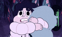 a cartoon character is hugging another cartoon character in a forest