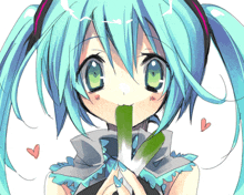 a drawing of a girl with green hair holding a green stick in her mouth