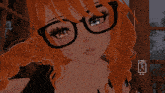 a girl with red hair wearing glasses and a necklace with the letter n on it