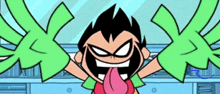 a cartoon character is sticking out his tongue and has green wings