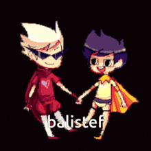 a pixel art of two boys holding hands with the word balistef in the bottom right corner