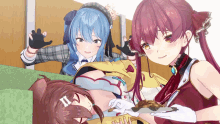 a girl with red hair is holding a plate of cookies next to two other girls