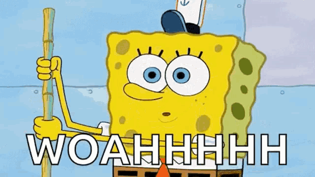 a cartoon of spongebob squarepants holding a broom and saying woahhh .