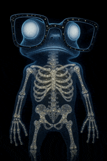 an x-ray of a frog with glasses and a skeleton giving the peace sign