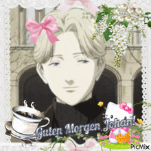a picture of a man with a cup of coffee and the words guten morgen johan on it