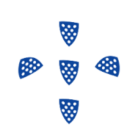 four blue shields with white dots on them are arranged in a circle on a white background .