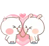 a cartoon rabbit is kissing another rabbit on the cheek .