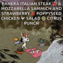 a cartoon of snoopy and woodstock having a picnic with panera italian steak