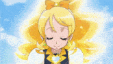 a close up of a girl with yellow hair