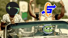 a group of people in a car with logos on their heads including one that says ' e ' on it