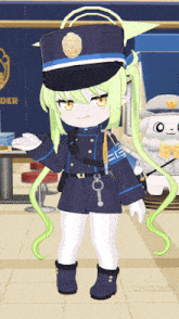 a girl with green hair is wearing a police outfit