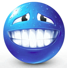 a blue smiley face with white teeth and a sad look on its face