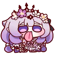 a cartoon drawing of a girl with purple hair and flowers on her head sticking her tongue out