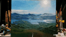 a painting of a lake with mountains in the background made in animatica