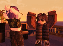 a girl with purple hair is standing next to a boy