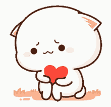 a cute cartoon cat is holding a red heart in its hands .