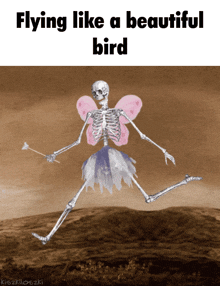 a skeleton with fairy wings is flying like a beautiful bird