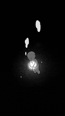 a black and white drawing of a person in the dark with a thought bubble coming out of his head .