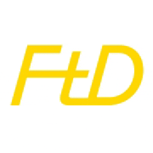 a yellow logo with the letter f and d on a white background .