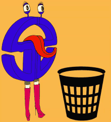 a cartoon drawing of a blue letter e with a red tongue sticking out next to a trash can