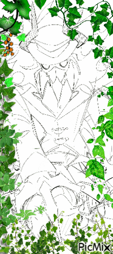a black and white drawing of a monster surrounded by green leaves and berries