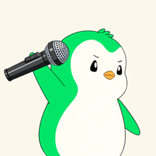 a green penguin is holding a microphone in front of a fire