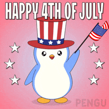 a penguin wearing an uncle sam hat is holding an american flag