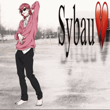a picture of a person with sybau written in black