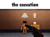 a person holding a gun in front of a wall with the words the execution above them