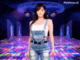 a woman in overalls is standing on a colorful dance floor with pixverse.ai written on the bottom