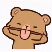 a cartoon teddy bear is sticking its tongue out while holding a stick in its mouth .