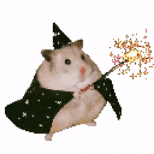 a hamster wearing a wizard hat and cape is holding a wand