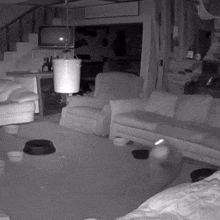 a black and white photo of a living room with a couch , chairs , and a bucket .