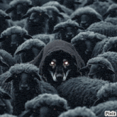 a dog with red eyes is surrounded by a herd of black sheep created by pixiz