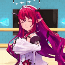 a girl with red hair and purple hair is standing in front of a brick wall