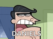 a cartoon character with his mouth open and the name daniels written on the bottom
