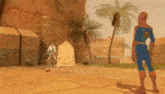 a cartoon of a man standing next to a stone in the desert .