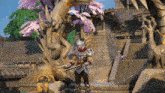 a man in armor holds a sword in front of a statue of a dragon