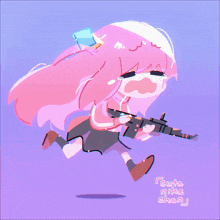 a drawing of a girl with pink hair holding a gun with cute nike chan written below her