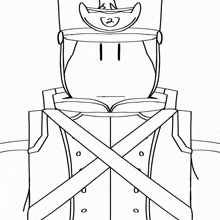 a black and white drawing of a soldier with a smiley face on his hat