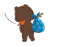 a cartoon of a bear carrying a blue bag and a stick