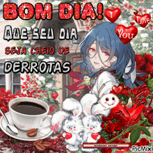 a picture of a girl with a cup of coffee and rabbits with the words bom dia que seu dia seja cheio de derrotas