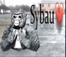 a black and white photo of a gorilla wearing a mask with sybau written on it