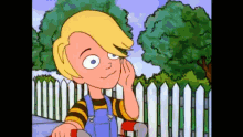 a cartoon boy with blonde hair is standing in front of a white picket fence ..