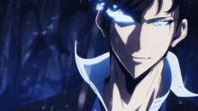 a close up of a man with blue eyes