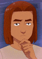 a cartoon character with red hair and green eyes is making a serious face