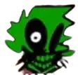 a cartoon drawing of a green monster with a black eye and sharp teeth .