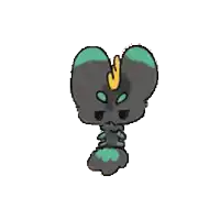 a cartoon drawing of a black animal with green ears